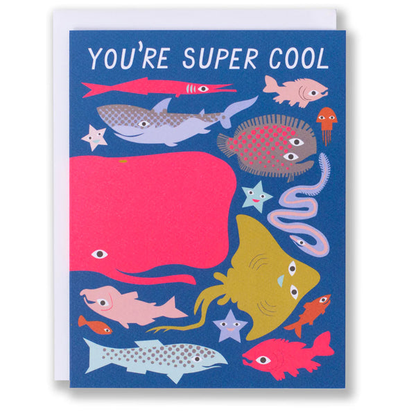 Note Card with multiple drawings of fish including Whale, Eel, Starfish and Manta Ray in bright colours including neon pink and lavender and light pink
