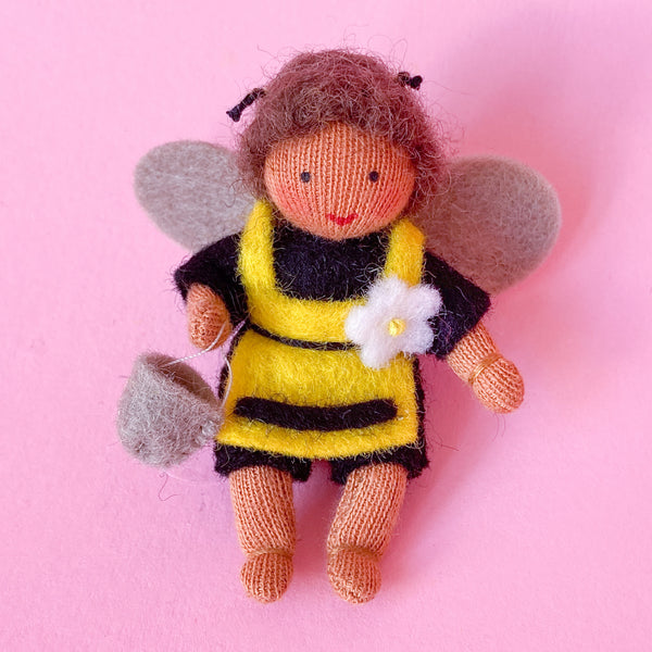 Hanging Honey Bee Baby with Apron and Pollen Pail - Wool Felt Doll Medium Skin 3
