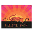 Illustration of tiger and sunny landscape in bright pink and orange with the words Welcome Baby underneath