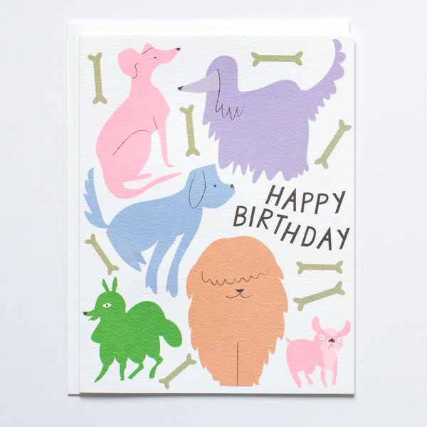 Dog, Dogs and more Dogs Birthday Card with drawings of pastel dogs and the words "Happy Birthday"