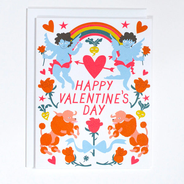 Greeting Card with the text "Happy Valentine's Day" surrounded by colorful illustrations of poodles and cherbus