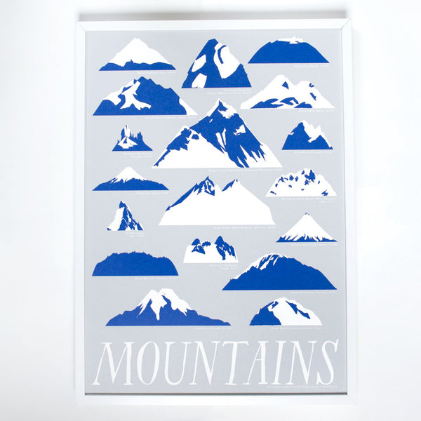 A wall art silkscreen print of blue and white mountains on a grey background with the handwritten word "Mountains" in white at the bottom