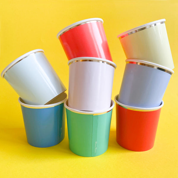 Set of 8 Colourful Paper Cups with Gold Edges