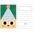 Cat birthday postcard with an orange cat illustration wearing a party hat on a green background