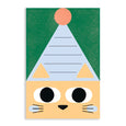 Cat birthday postcard with an orange cat illustration wearing a party hat on a green background
