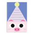 Animal Birthday postcard with an illustration of a pink pig wearing a party hat on a blue background