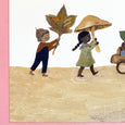 Gemma Koomen Autumn Friends A4 Print with 4 small people holding leaves mushrooms and walking
