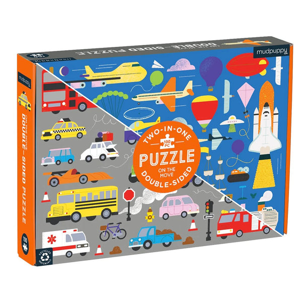 On the Move 100 Piece Double-Sided Puzzle features fun illustrations of colorful transportation vehicles, cars and trucks on one side and airplanes and space shuttles on the other
