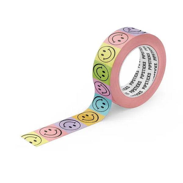Vibrant Tiled Smiles Washi Tape with smiley faces against a bright background
