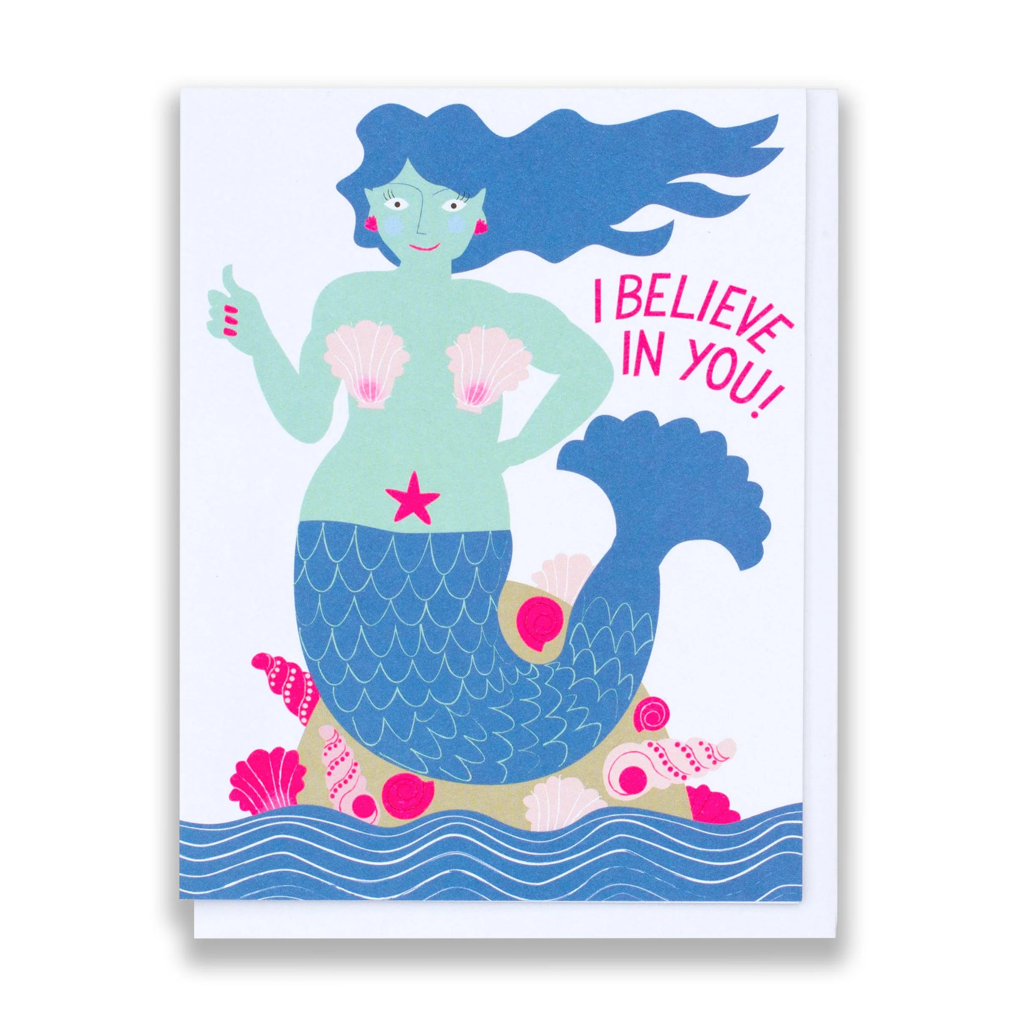 I Believe in You Mermaid Greeting Card in blues and pinks by Banquet Workshop