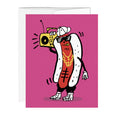 Greeting card with an illustration hot dog wearing jewelry, sneakers, and a backwards hat carrying a ghetto blaster with a bright pink background