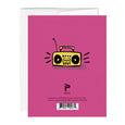 Back of greeting card with a bright pink background and illustration of a yellow ghetto blaster