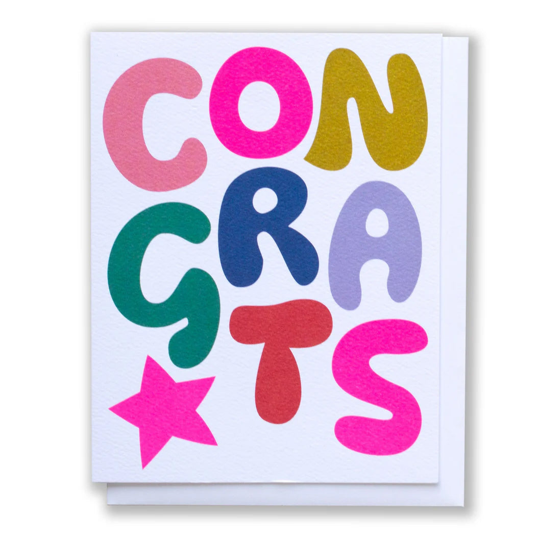 Greeting card with the word congrats in large colorful bubble font