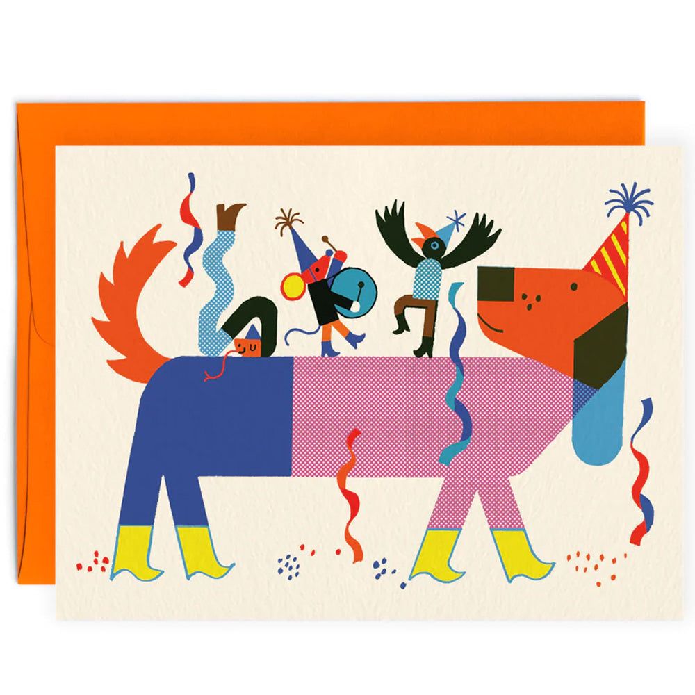 Colourful greeting card with a dog in a party hat and a mouse with a drum, a bird and snake all in party hats celebrating on the dogs back