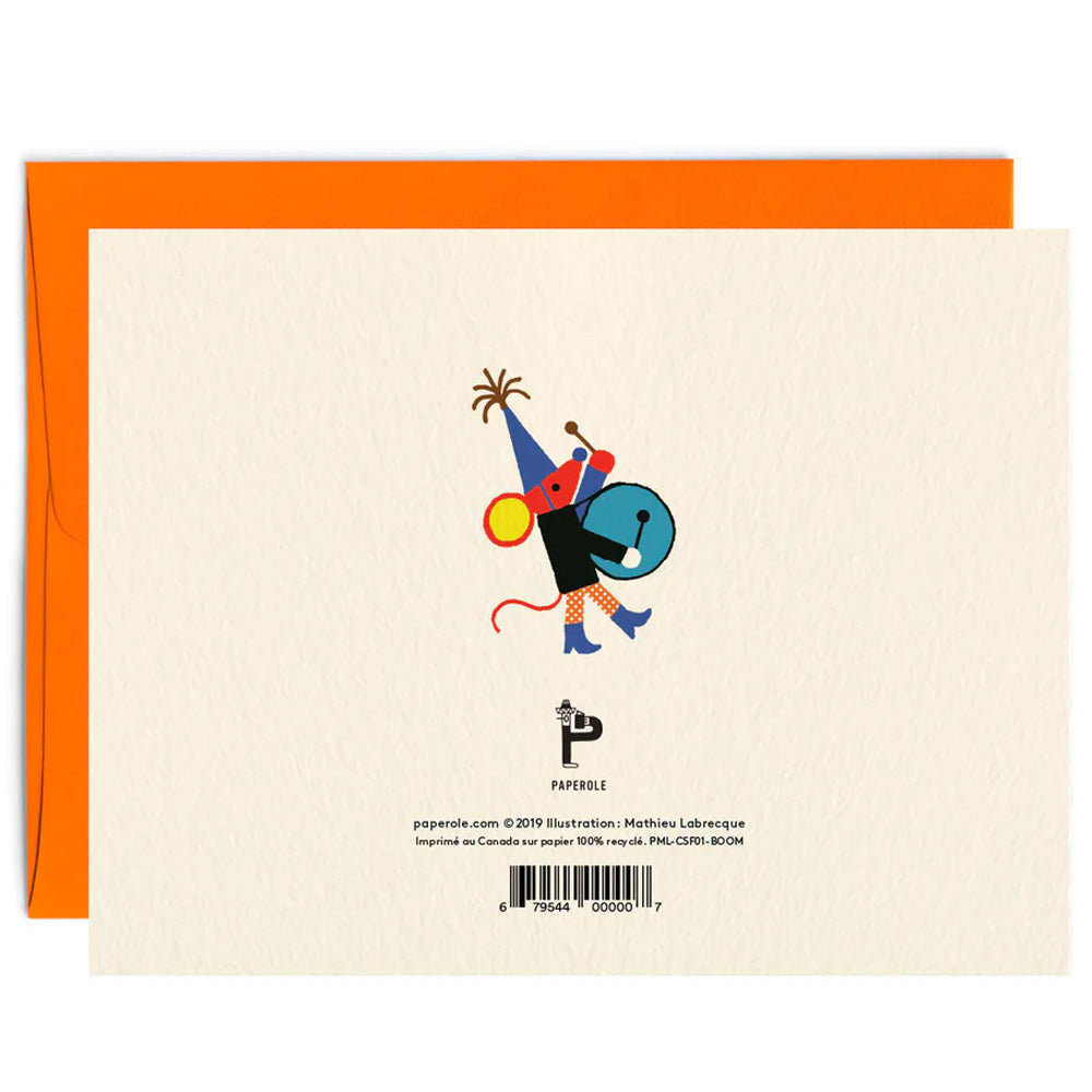 Back of a greeting card with a small colorful illustration of a mouse wearing a party hat banging a drum