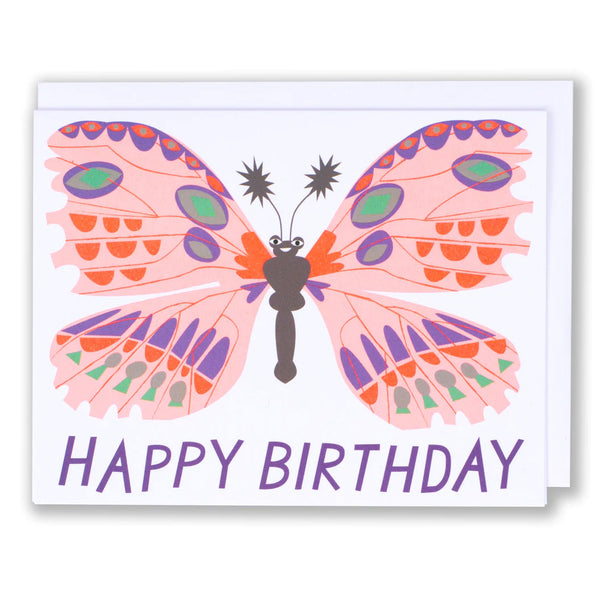 Greeting card with the words "Happy Birthday" in purple and a big pink butterfly illustration