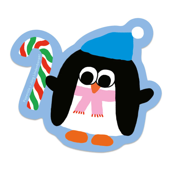 Weatherproof glossy sticker of a penguin in a winter hat holding a candy cane.