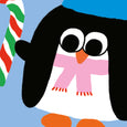 Weatherproof glossy sticker of a penguin in a winter hat holding a candy cane.