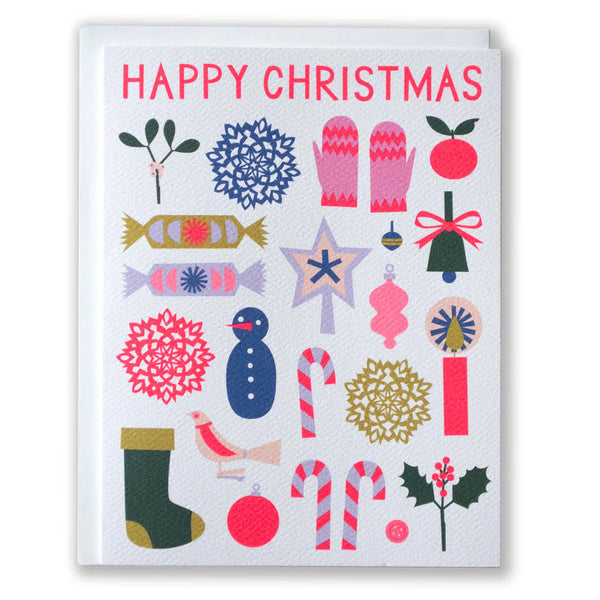 Christmas card with a collection of small holiday charms and moments: snowflakes, stockings, snowmen, candy canes and more