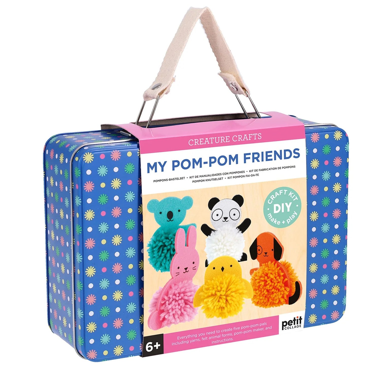 Pom-pom craft kit making animals in a colorful metal tin