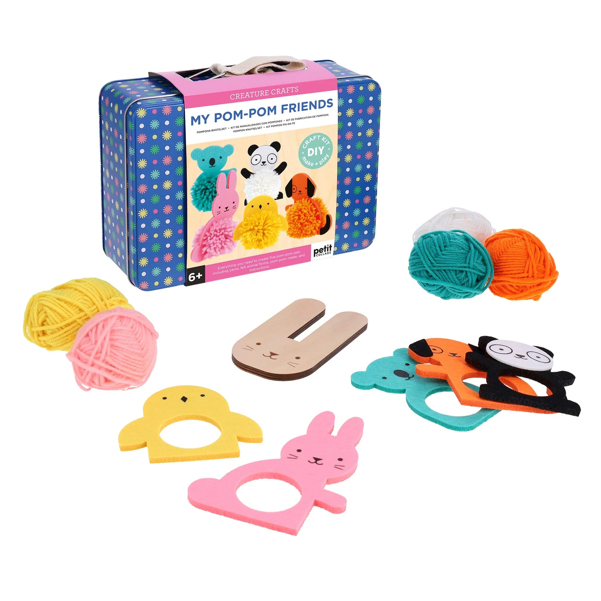 Pom-pom craft kit for ages 6+ in a colorful box with yarn and animal shapes