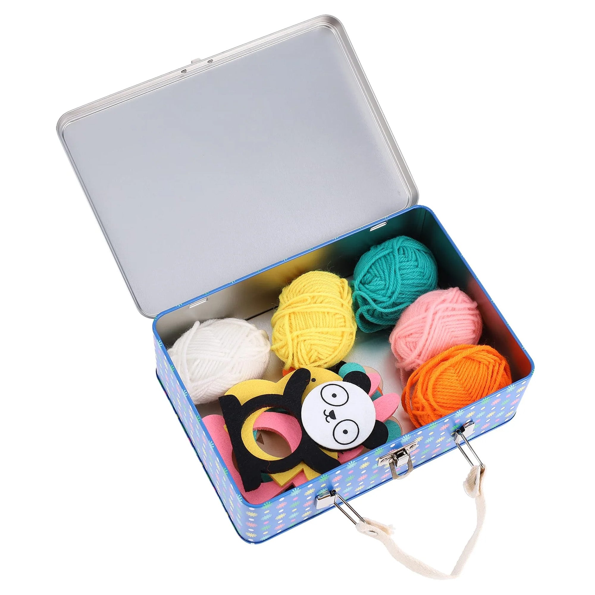 Craftt Kit with yarn and animal shapes in a metal tin