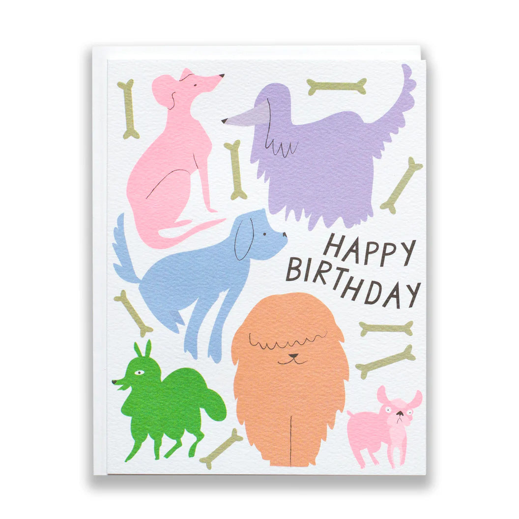 Dog, Dogs and more Dogs Birthday Card with drawings of pastel dogs and the words &quot;Happy Birthday&quot;