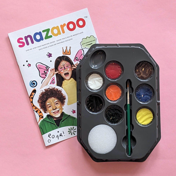 Face painting kit in adventure colors contains 2ml white, black, pale yellow, fuchsia pink, pale green, electric silver, sparkle blue and sparkle lilac with sponge and guide