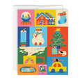 Holiday greeting card with a grid of illustrations showing snow globes, candy houses, stockings, holiday trees, snowmen and other holiday scenes.