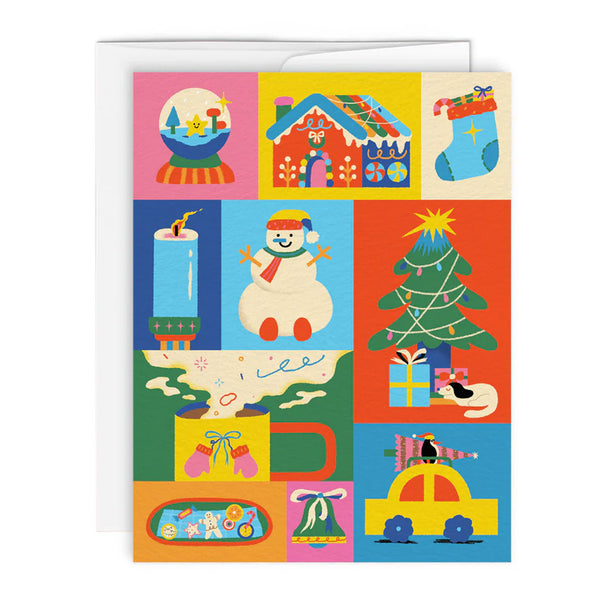 Holiday greeting card with a grid of illustrations showing snow globes, candy houses, stockings, holiday trees, snowmen and other holiday scenes.