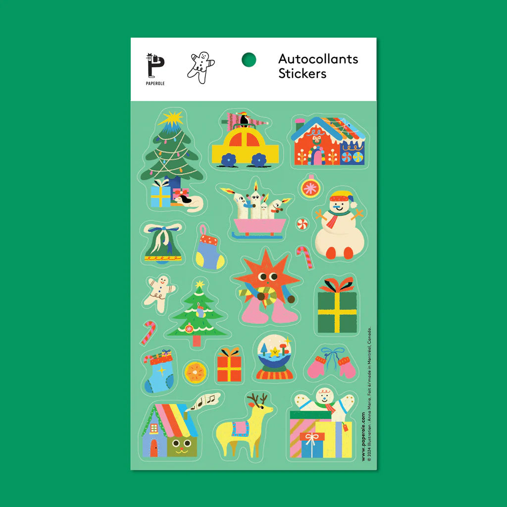 Festivities Sticker Sheet in green with illustrations of holiday trees, candy house, snowmen, presents, snow globe, deer, mittens, holiday stocking and more.