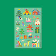 Festivities Sticker Sheet in green with illustrations of holiday trees, candy house, snowmen, presents, snow globe, deer, mittens, holiday stocking and more.