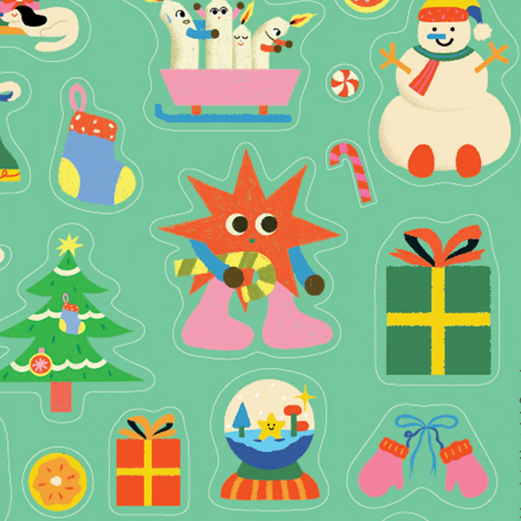 Festivities Sticker Sheet in green with illustrations of holiday trees, snowman, snow globe, mittens, holiday stocking, star carrying a candy cane and more.