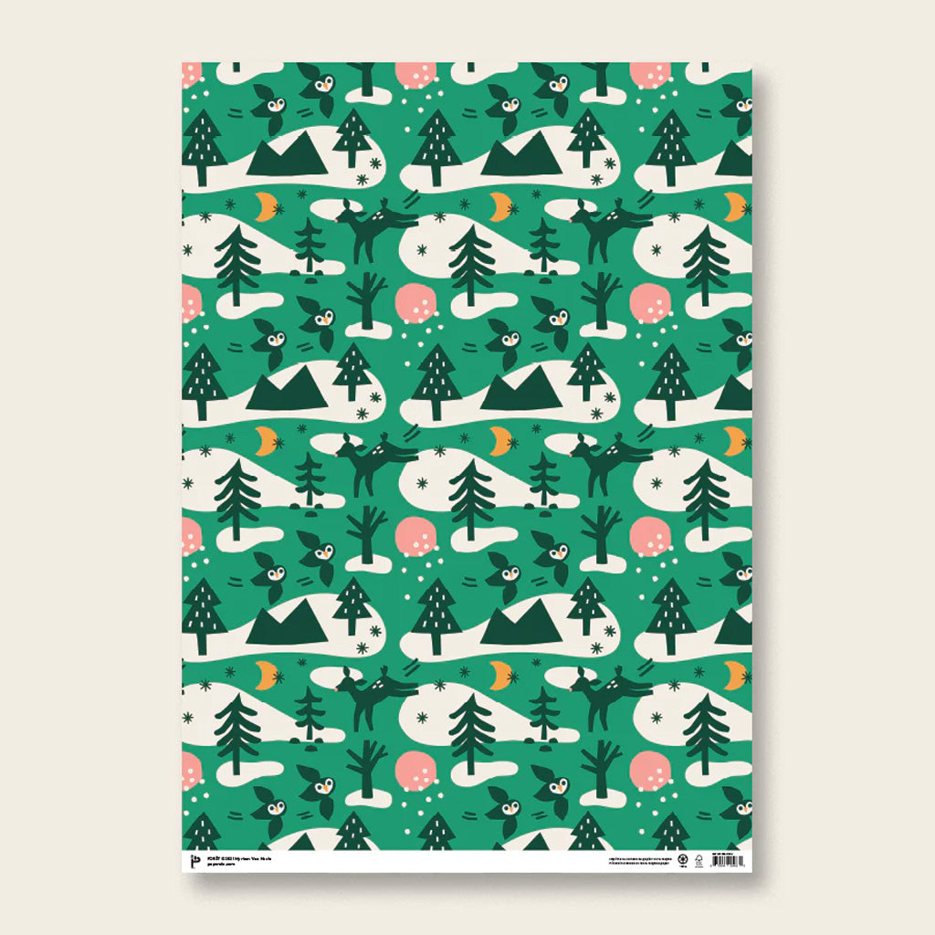 Forest gift wrap in green with deer, pine trees and flying owl illustrations