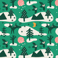 Forest gift wrap in green with deer, pine trees and flying owl illustrations