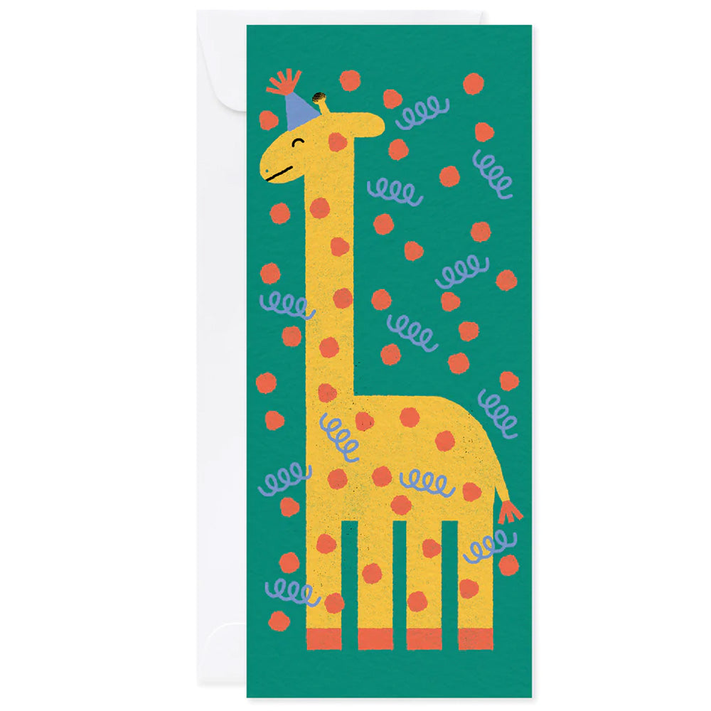 Oversized tall greeting card with a yellow giraffe wearing a birthday hat on a green background