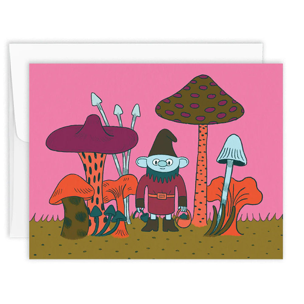 Greeting card with colourful illustrations of a gnome surrounded by mushrooms on a pink background