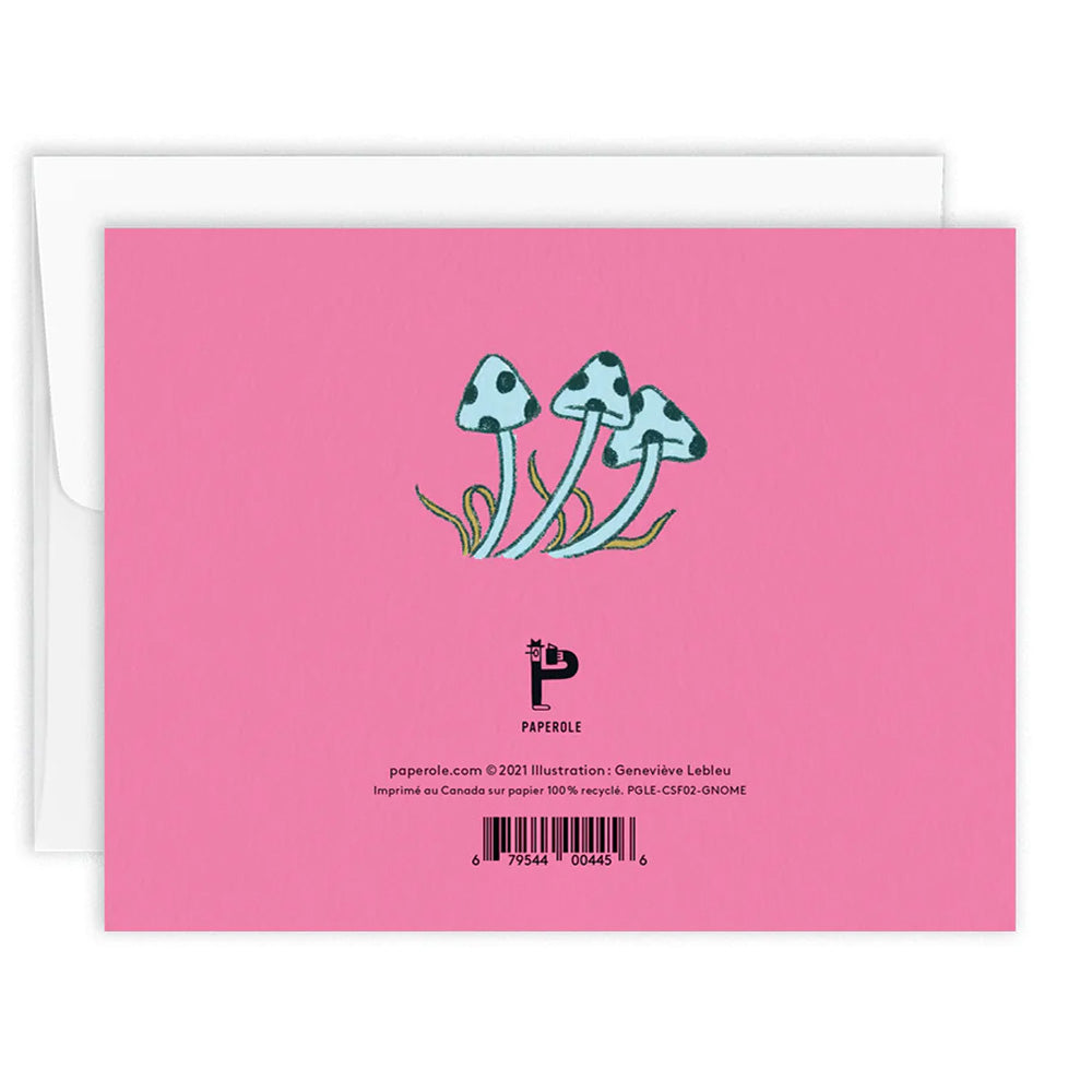 Back of a pink greeting card with a small illustration of blue mushrooms and credit text for Paperole