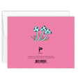 Back of a pink greeting card with a small illustration of blue mushrooms and credit text for Paperole
