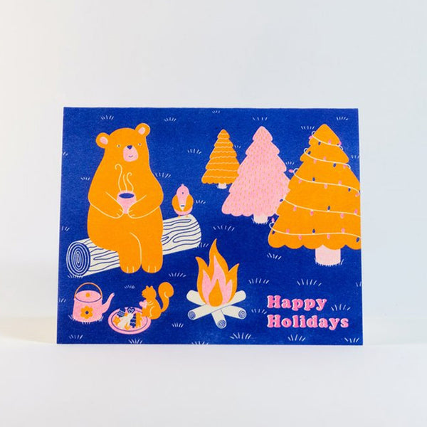 Happy Holidays Bear & Friends Risograph Greeting Card