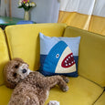 Shark Throw Pillow Case with a blue and white shark with a red mouth against a blue background