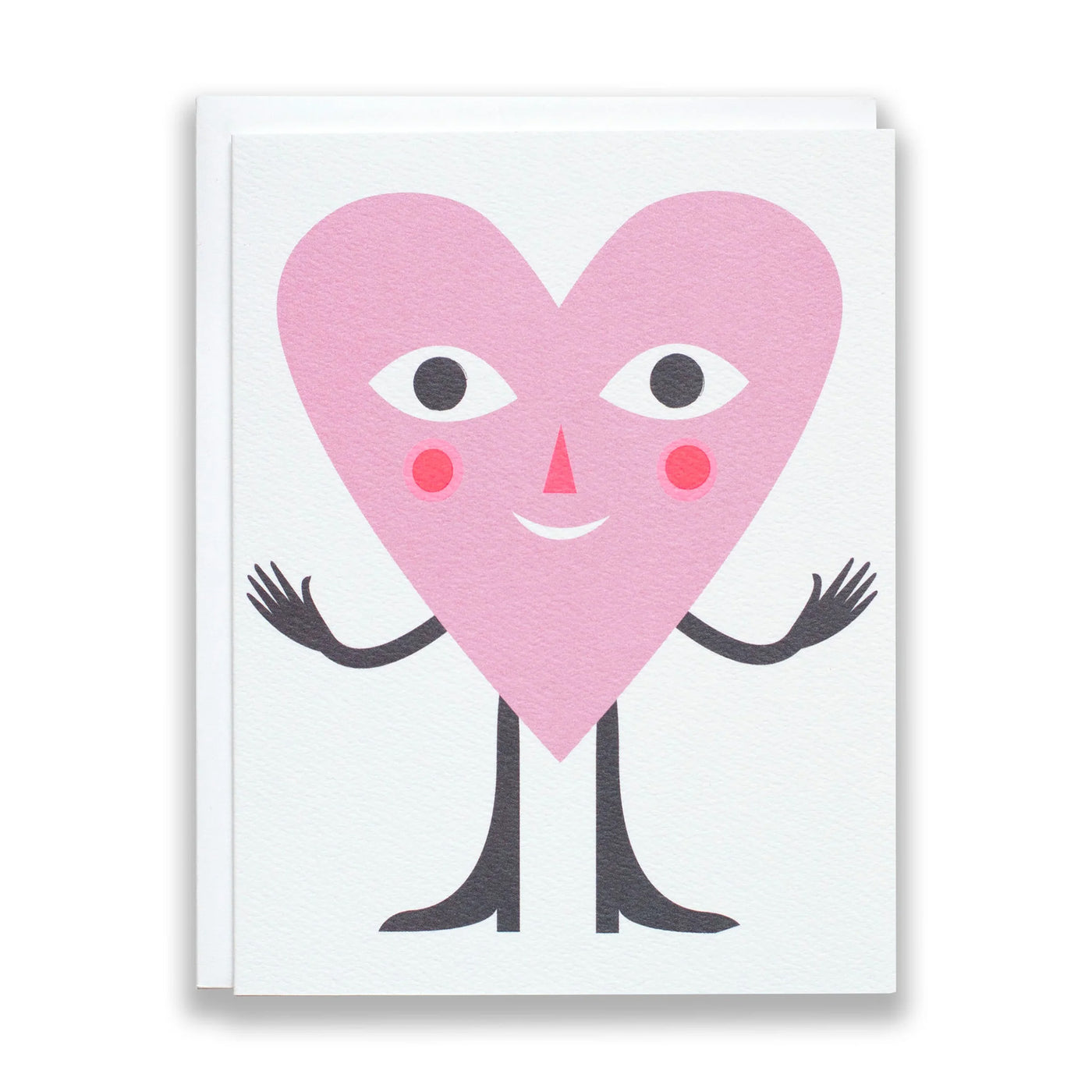 Greeting card with illustrations of a big pink grinning heart, arms outstretched for an embrace, with a neon nose and blushing cheeks