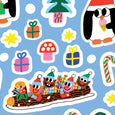 Sticker sheet close up with elves riding a log sleigh and holding presents, along with stickers of presents, mushrooms, penguins and candy canes.