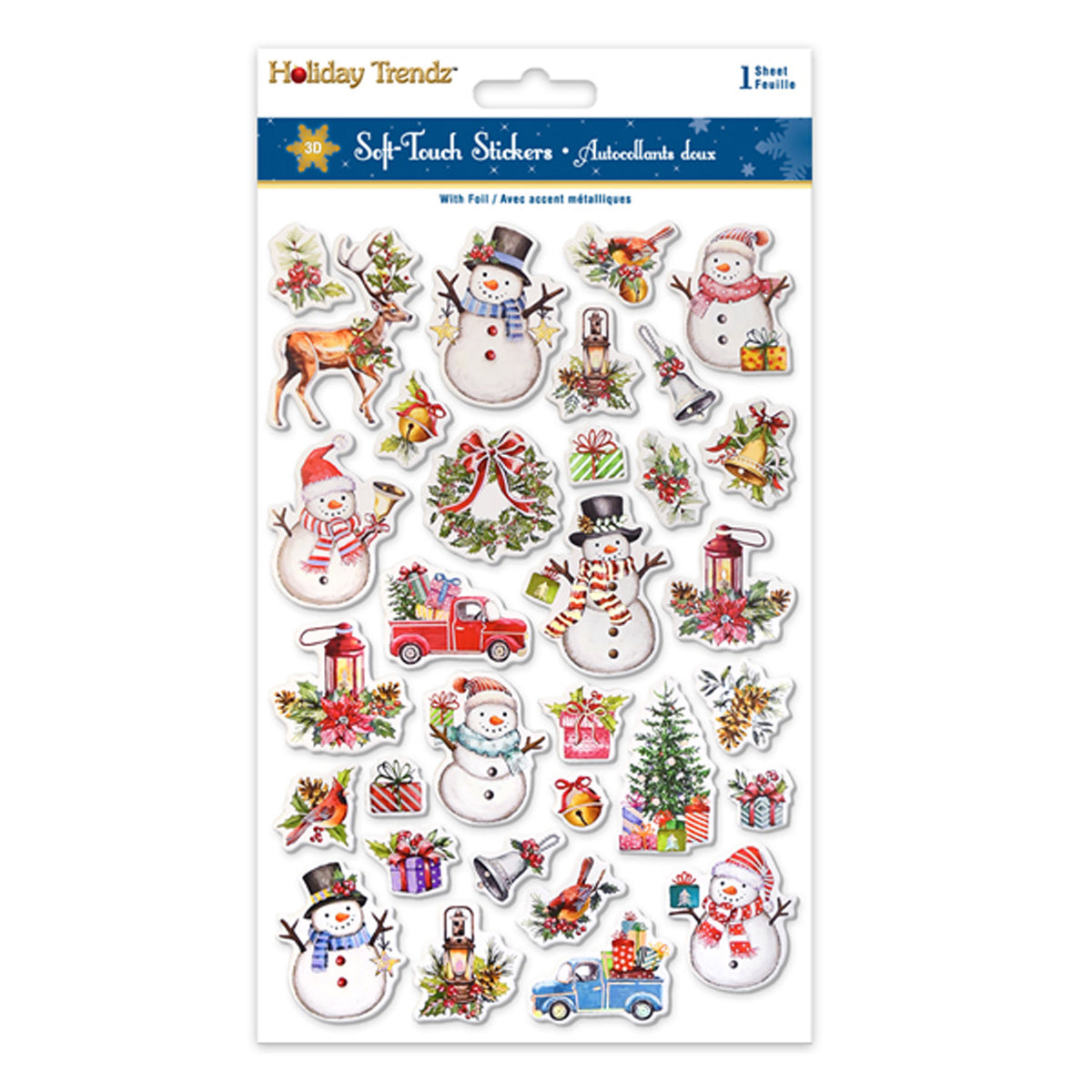 Holiday Soft Touch Stickers - Reindeer, Snowmen, wreaths, trees