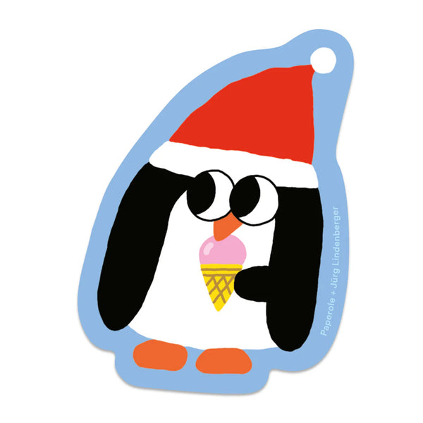 Weatherproof glossy sticker of a penguin in a red holiday hat and an ice cream cone.