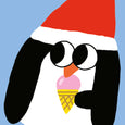 Weatherproof glossy sticker of a penguin in a red holiday hat and an ice cream cone.