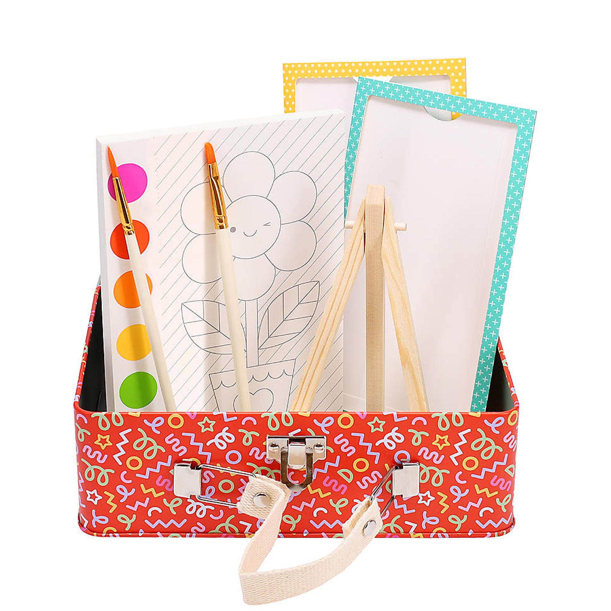 Painting Craft Kit for kids in red metal carrying box storage tin with paintbrushes and easel