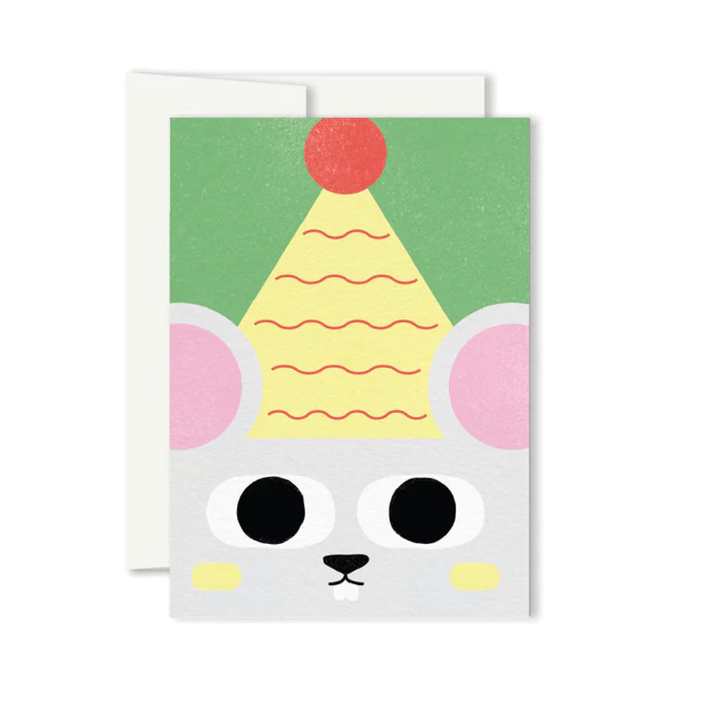 Small size greeting card with a illustration of a grey mouse wearing a yellow party hat on a green background