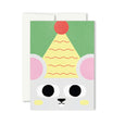 Small size greeting card with a illustration of a grey mouse wearing a yellow party hat on a green background