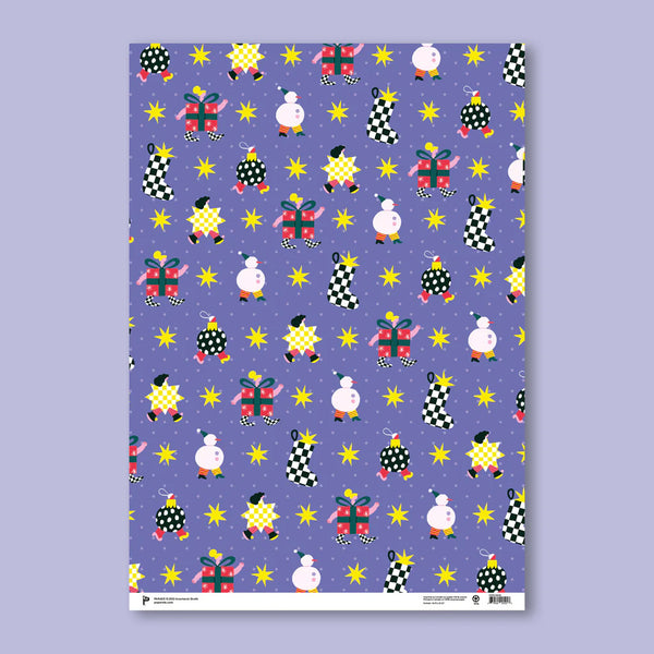 Holiday gift wrap with a walking parade of snowmen and presents on a purple background